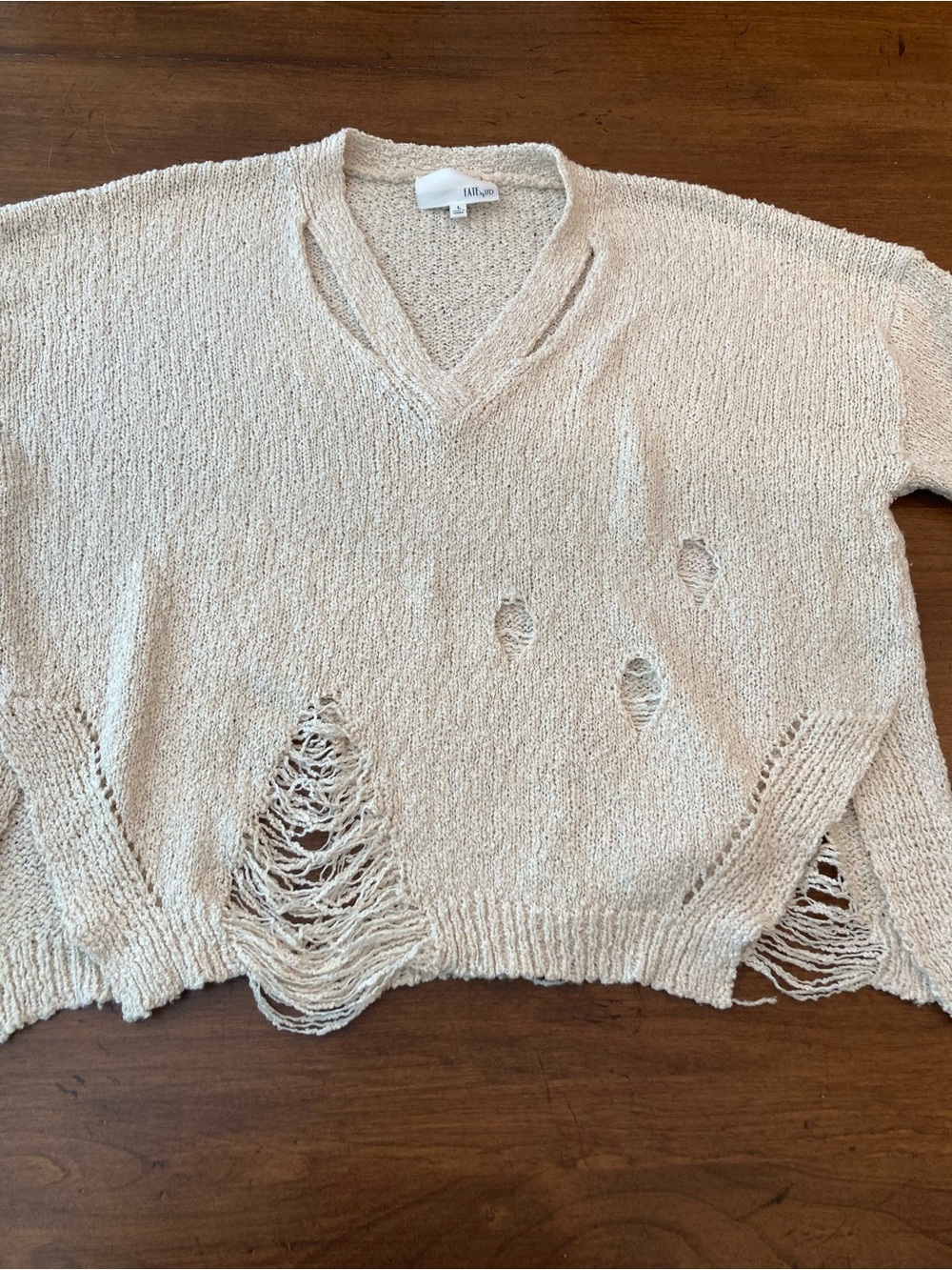 Light Cream V-Neck Distressed Knit Sweater